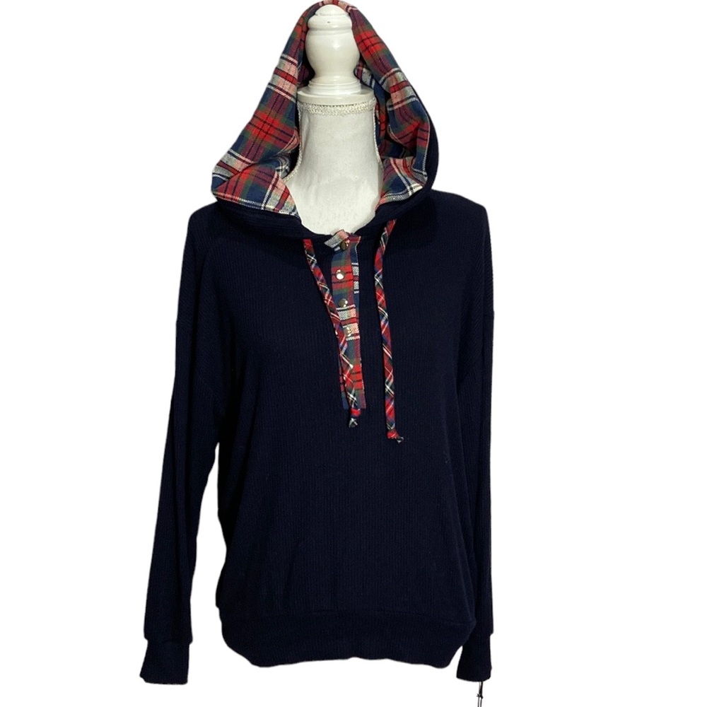 Michael Lauren Navy Knit Hoodie Red Plaid Lined Accents Snap Neckline NWT